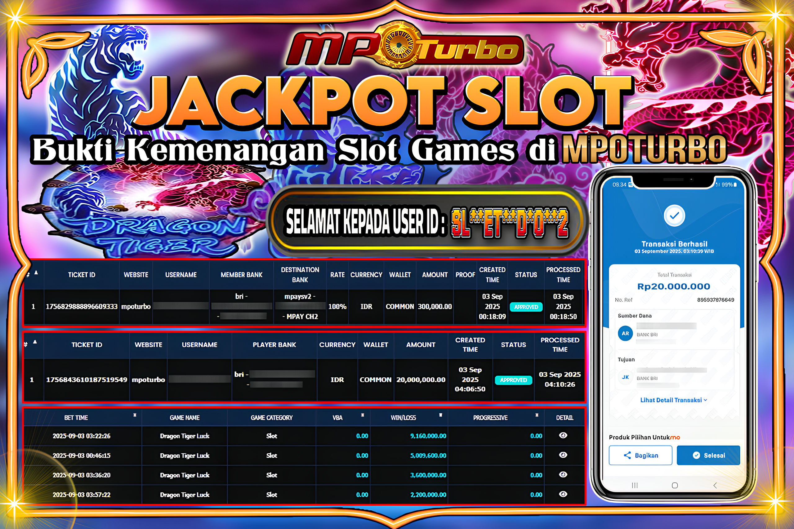 MPOTURBO DRAGON TIGER LUCK- PG SOFT Rp 20,000,000.00,- LUNAS